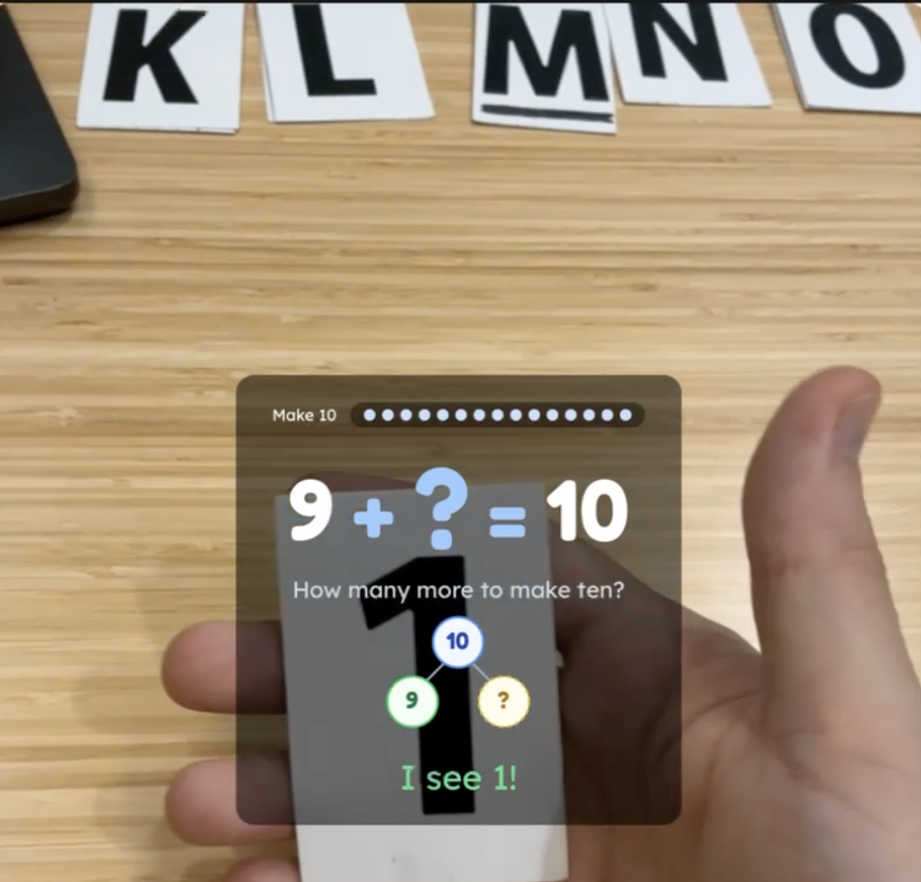 TileSight Make 10 game mode showing an iPad detecting a physical number tile